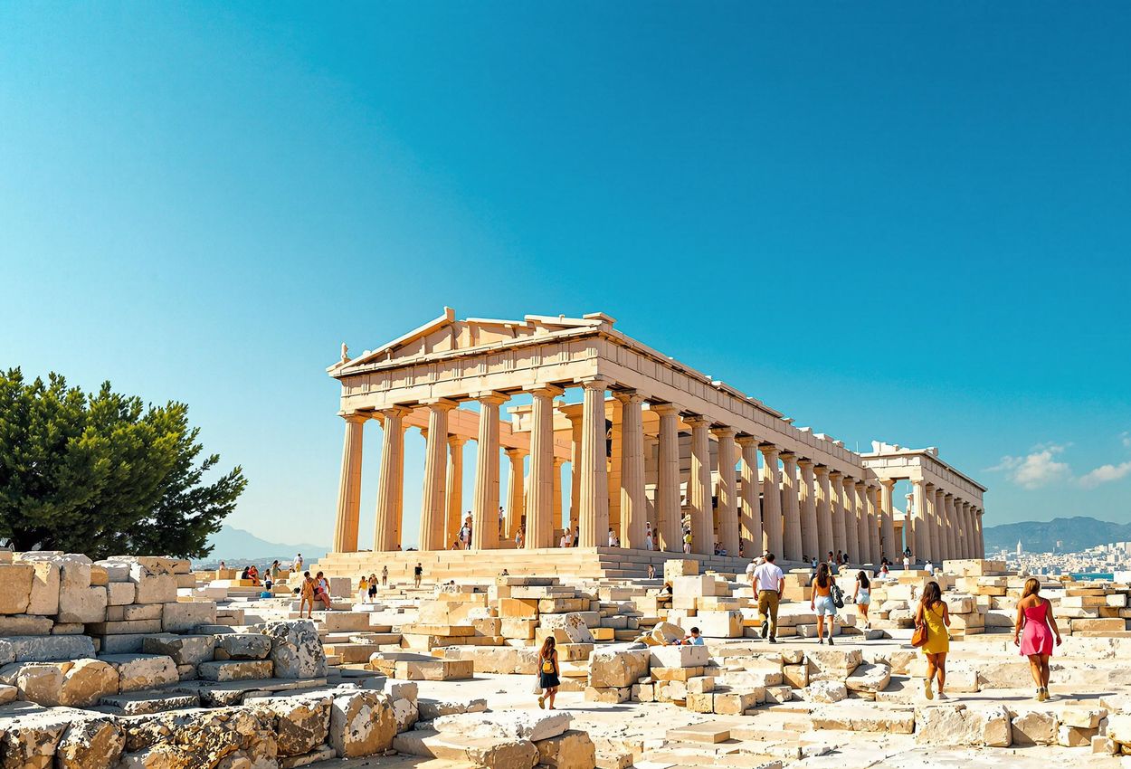 Acropolis Athens: A Timeless View of the Parthenon A stunning photograph of the Acropolis in Athens, Greece, featuring the Parthenon bathed in the golden light of early morning. Tourists are visible in the foreground, adding a sense of scale and activity.