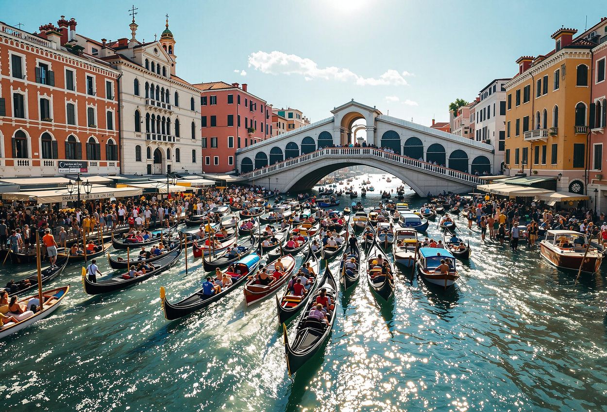 A photograph depicting a congested canal in Venice, Italy, filled with gondolas and tour boats near the Rialto Bridge, illustrating the impact of tourism on the city.