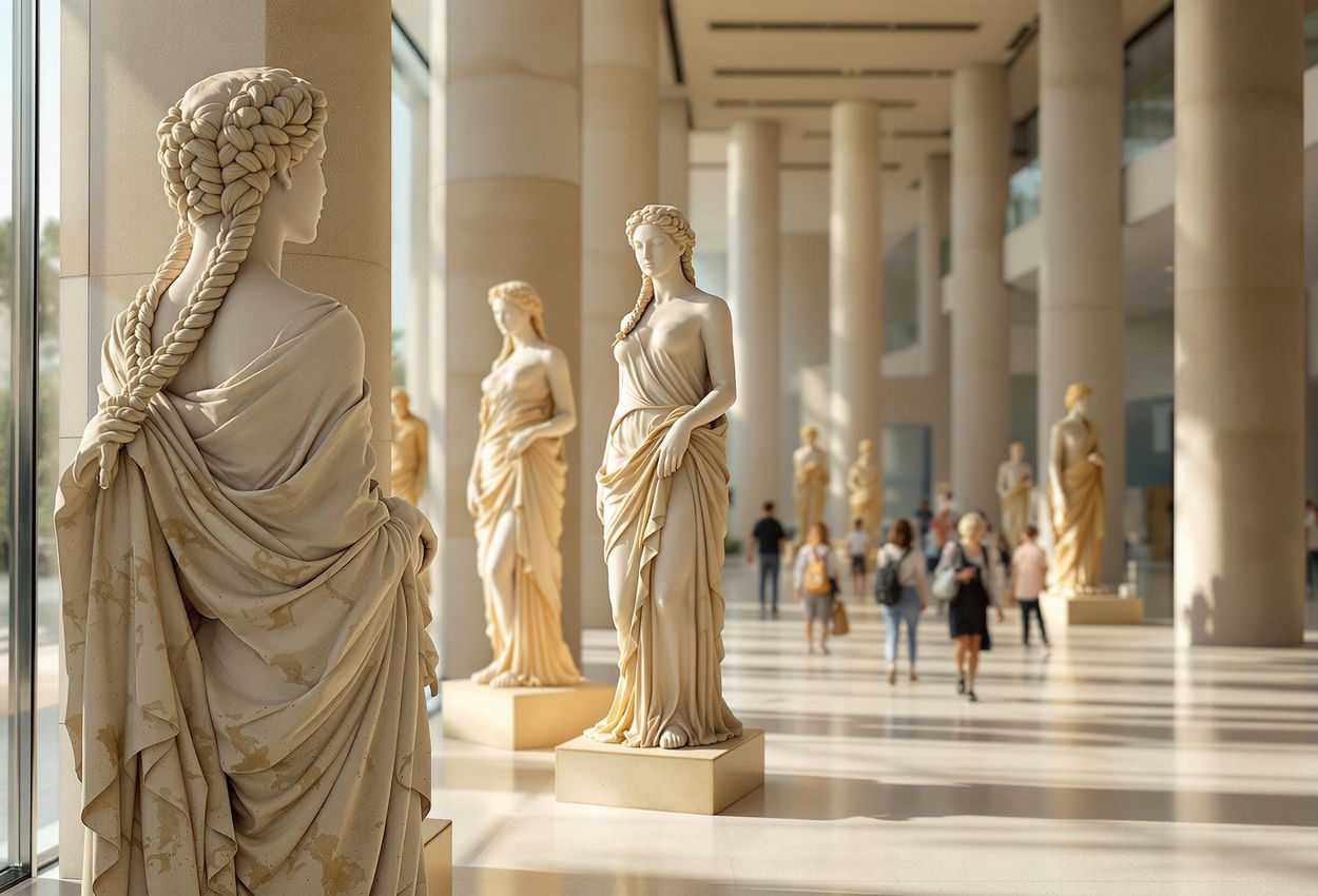 Acropolis Museum Caryatids: A Blend of Ancient Art and Modern Architecture A detailed photograph showcasing the Caryatids in the Acropolis Museum, highlighting the contrast between the ancient sculptures and the museum
