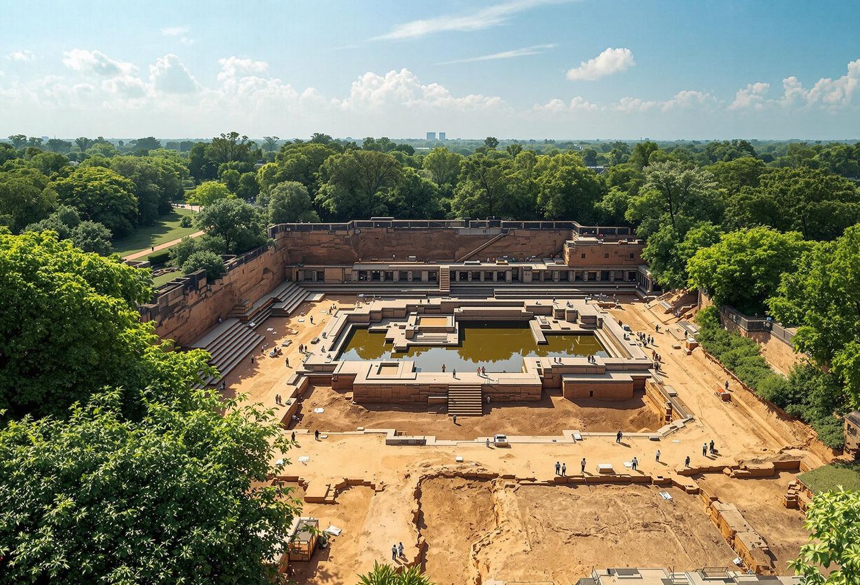 An aerial photograph capturing the ongoing archaeological excavation at Srah Srang, the Royal Pool in Angkor, revealing its historical structure and the dedicated work of archaeologists.