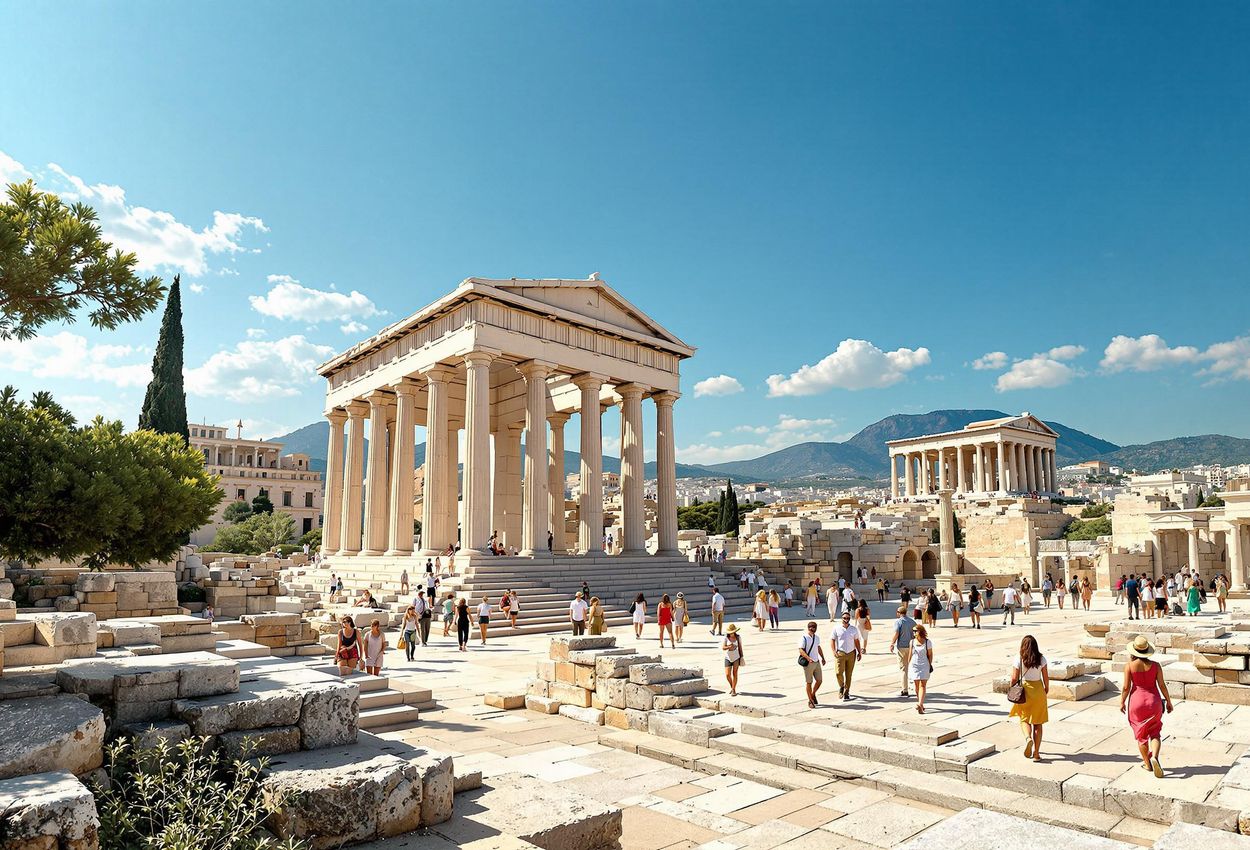 Ancient Agora & Temple of Hephaestus, Athens - A Timeless View A panoramic photograph of the Ancient Agora in Athens, Greece, featuring the remarkably preserved Temple of Hephaestus in the foreground, bustling with tourists exploring the ancient ruins under a clear, sunlit sky.