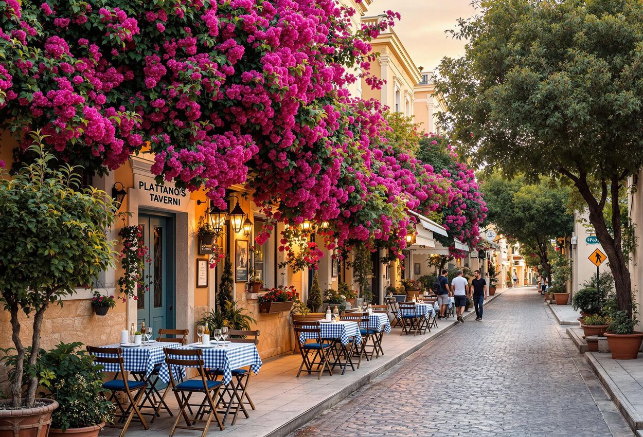 Charming Street Scene in Plaka, Athens - Golden Hour Photography A photograph capturing the timeless beauty of Plaka, Athens, featuring narrow streets, neoclassical houses, and bougainvillea-covered walls bathed in the warm light of the golden hour.