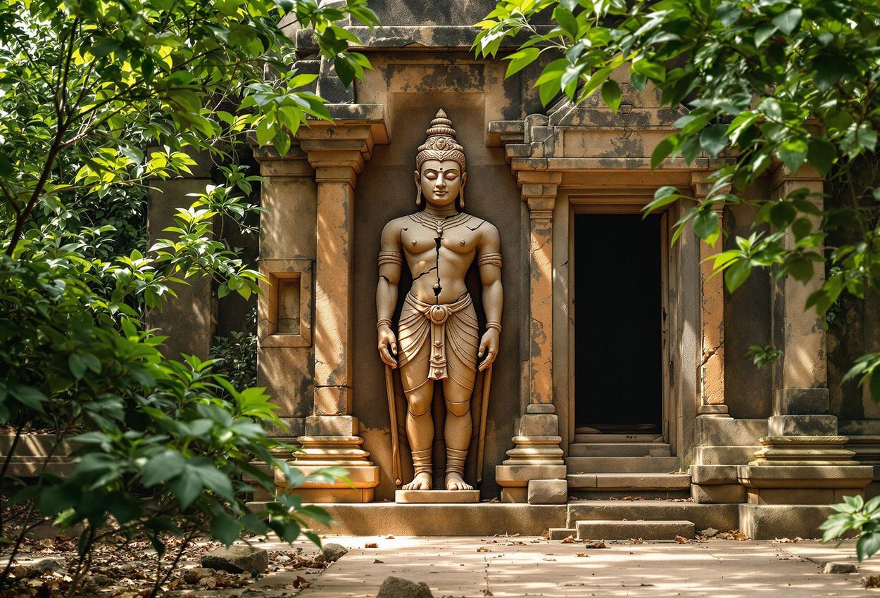 A photograph of a weathered sandstone dvarapala statue at Banteay Prei Temple in Angkor, showcasing the intricate details and serene atmosphere of this historical site.