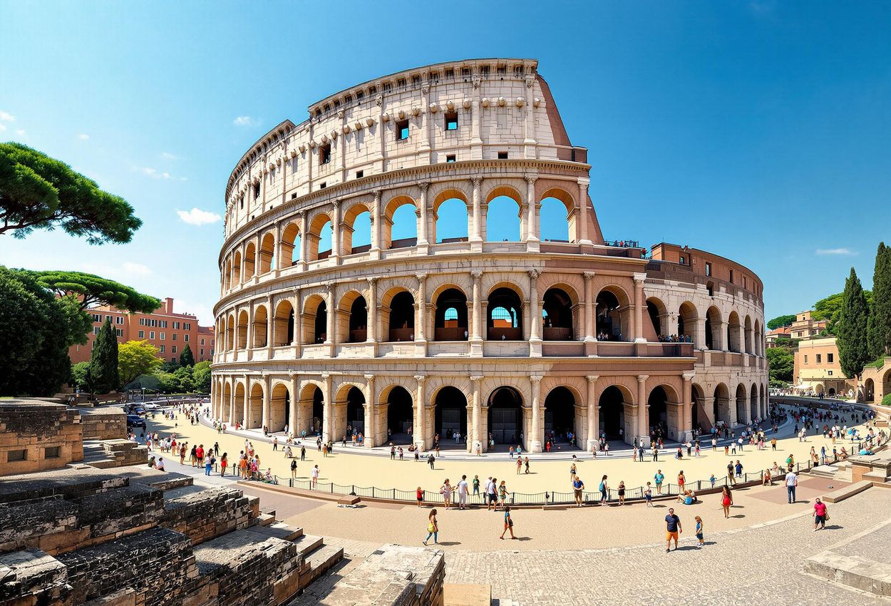 An eye-level photograph of the Colosseum in Rome, showcasing its grandeur, architectural details, and historical significance on a bright, sunny day.