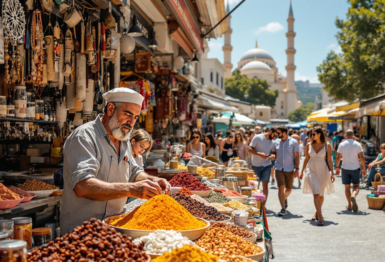 Bustling Monastiraki Market Scene, Athens - A Traveler A vibrant photograph capturing the lively atmosphere of Monastiraki Market in Athens, Greece. The image showcases the market