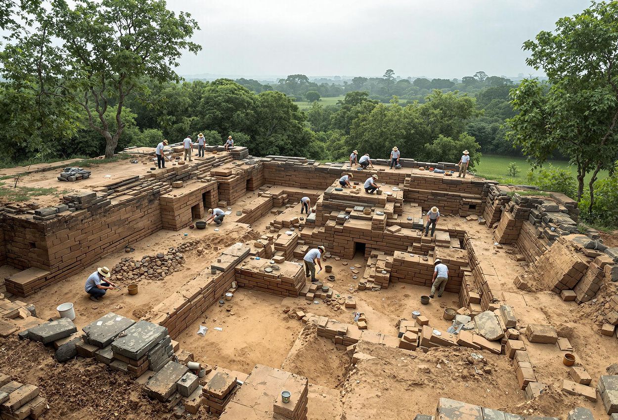 An eye-level photograph captures archaeologists at work excavating a household site near Angkor Wat, revealing sandstone and ceramic artifacts.