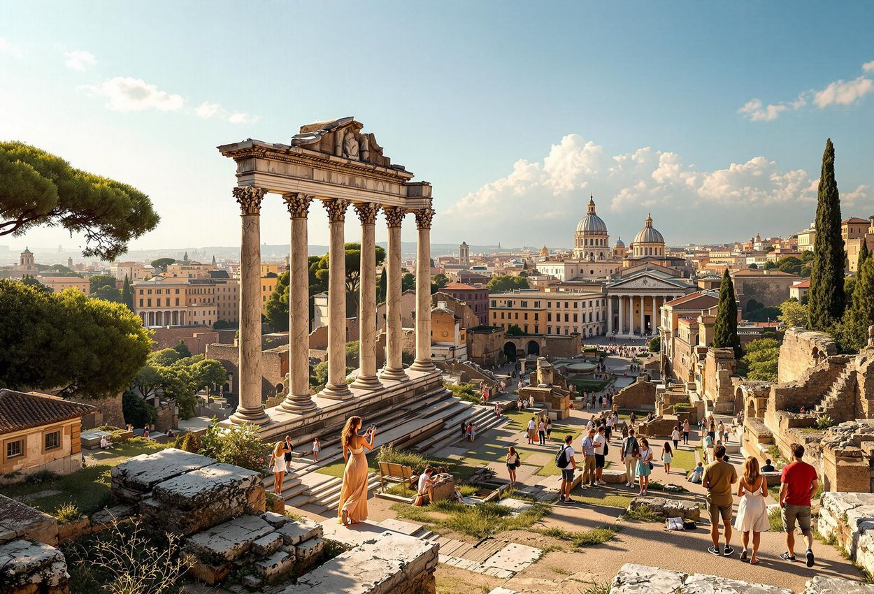 A stunning photograph capturing the Roman Forum from Capitoline Hill, bathed in warm, golden light during the late afternoon. The Temple of Saturn, Arch of Titus, and Basilica of Maxentius are prominently featured.