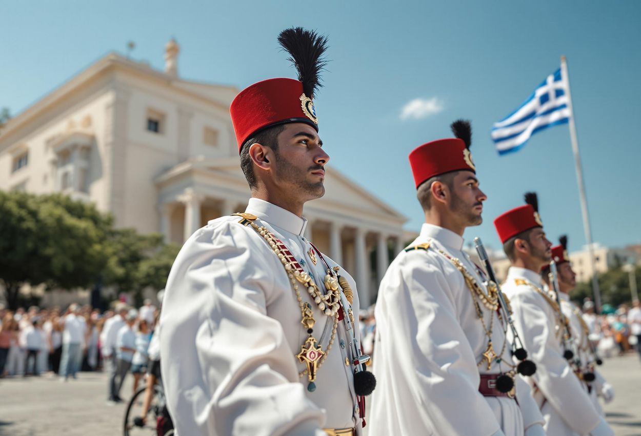 Evzones Changing Guard Ceremony, Syntagma Square, Athens A close-up photograph of the Evzones during the Changing of the Guard ceremony in Syntagma Square, Athens, showcasing their traditional uniforms and precise movements.