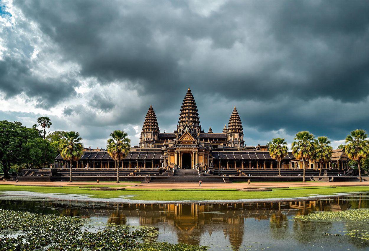 A panoramic photograph of Angkor Wat in Cambodia, showcasing the historical wooden fortifications integrated into the temple