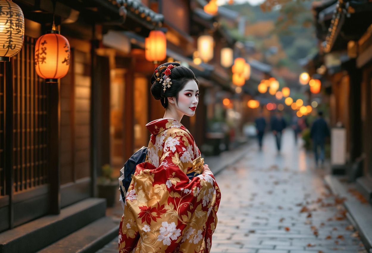 A captivating photograph of a geiko gracefully walking down Hanamikoji Street in Kyoto