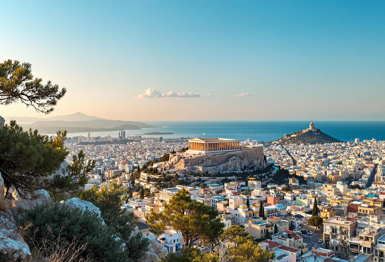 Panoramic View of Athens from Mount Lycabettus at Golden Hour A stunning photograph capturing the sprawling cityscape of Athens from Mount Lycabettus, with the Acropolis and Aegean Sea visible under the warm glow of the rising sun.