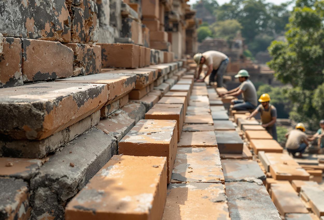 A detailed photograph showcasing the ongoing restoration efforts at Angkor Wat, where skilled workers meticulously replace damaged sandstone on the second terrace causeway.