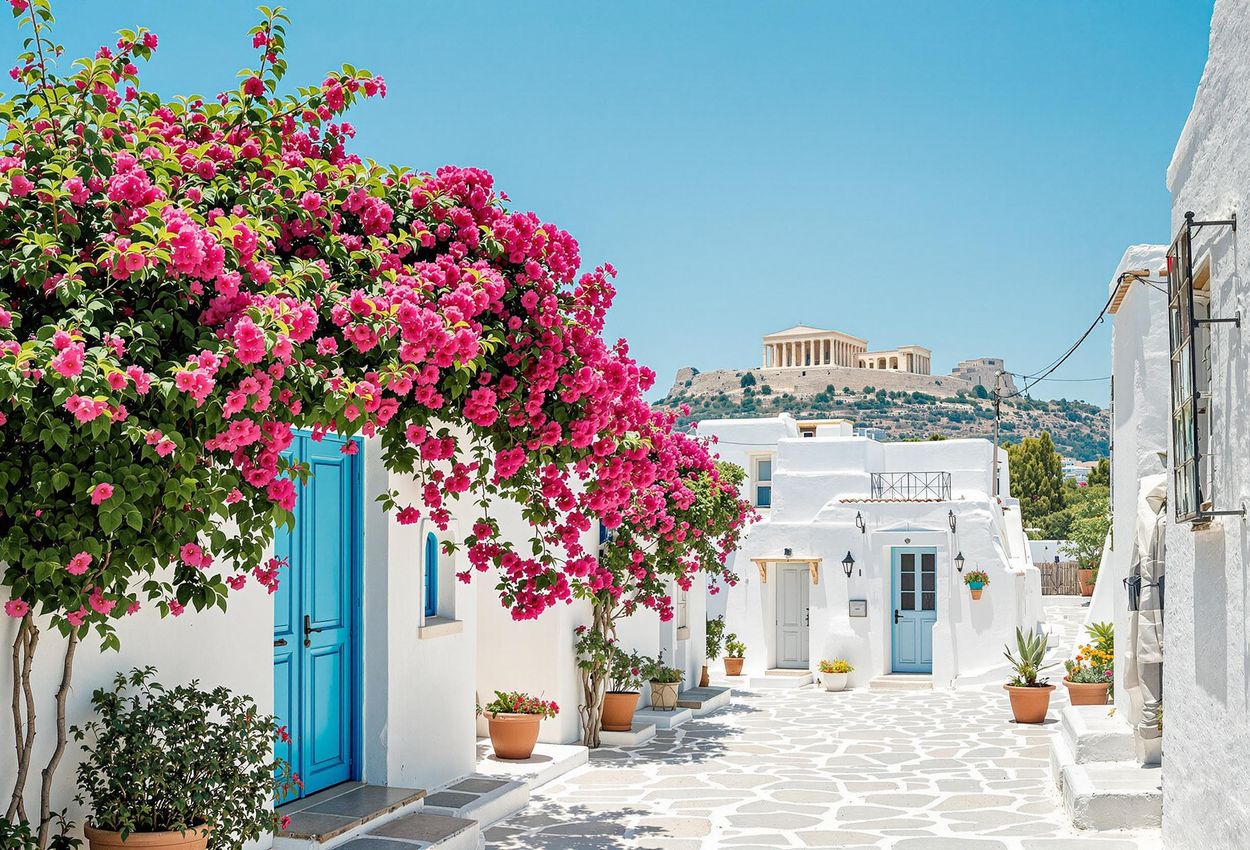 Tranquil Street Scene in Anafiotika, Athens A serene photograph captures the essence of Anafiotika, Athens, with its whitewashed houses, blue doors, and vibrant flowers, set against the backdrop of the Acropolis.