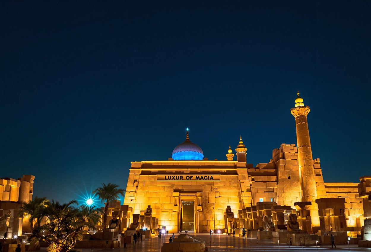 A captivating photograph of Luxor Temple illuminated at night, showcasing its architectural grandeur and the harmonious blend of ancient and modern cultures with the inclusion of the Mosque of Abu Haggag.