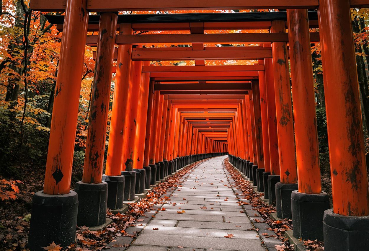 A captivating photograph of the iconic vermilion torii gates at Fushimi Inari Shrine in Kyoto, Japan, during the vibrant autumn season. The image captures the spiritual atmosphere and stunning visual impact of this historic landmark.