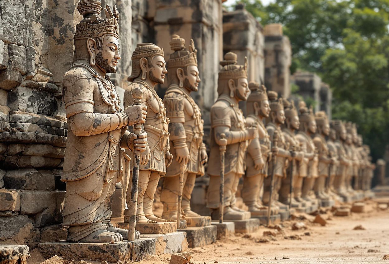 A photograph capturing the newly discovered sandstone statues at Angkor Thom, revealing the artistry and historical significance of the Khmer civilization.