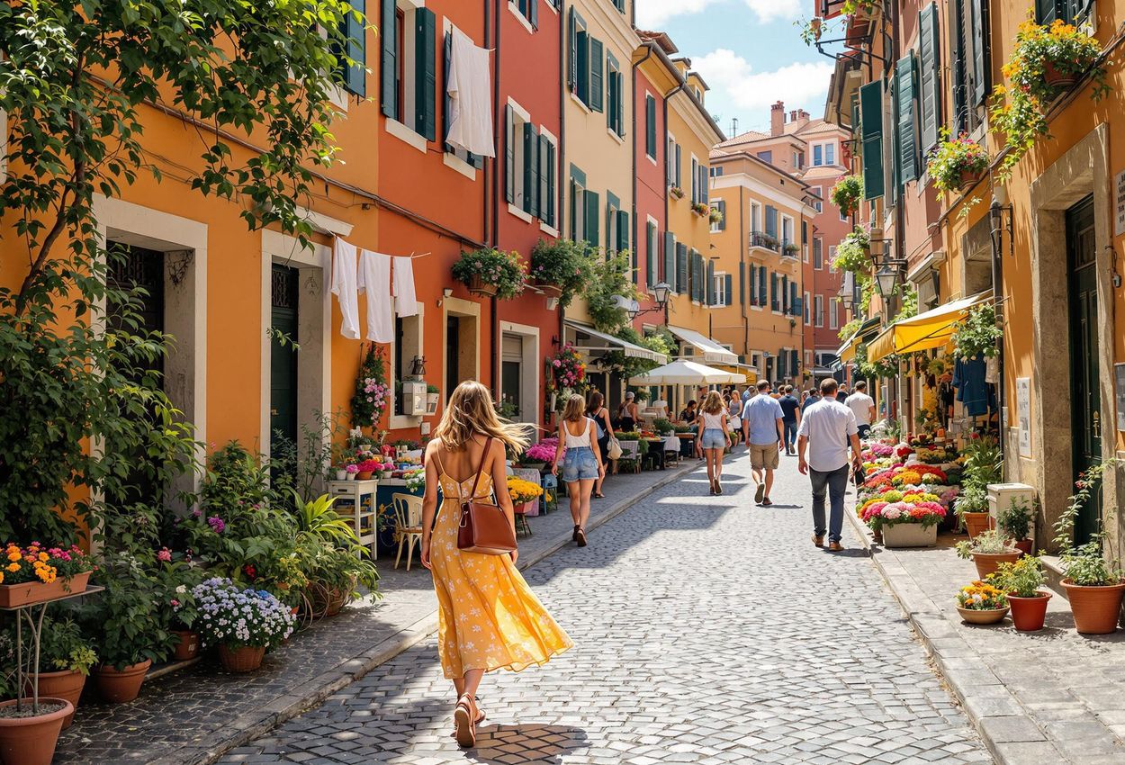 A detailed photograph captures a vibrant street in Trastevere, Rome, showcasing colorful buildings, cobblestone streets, and the lively atmosphere of daily life.