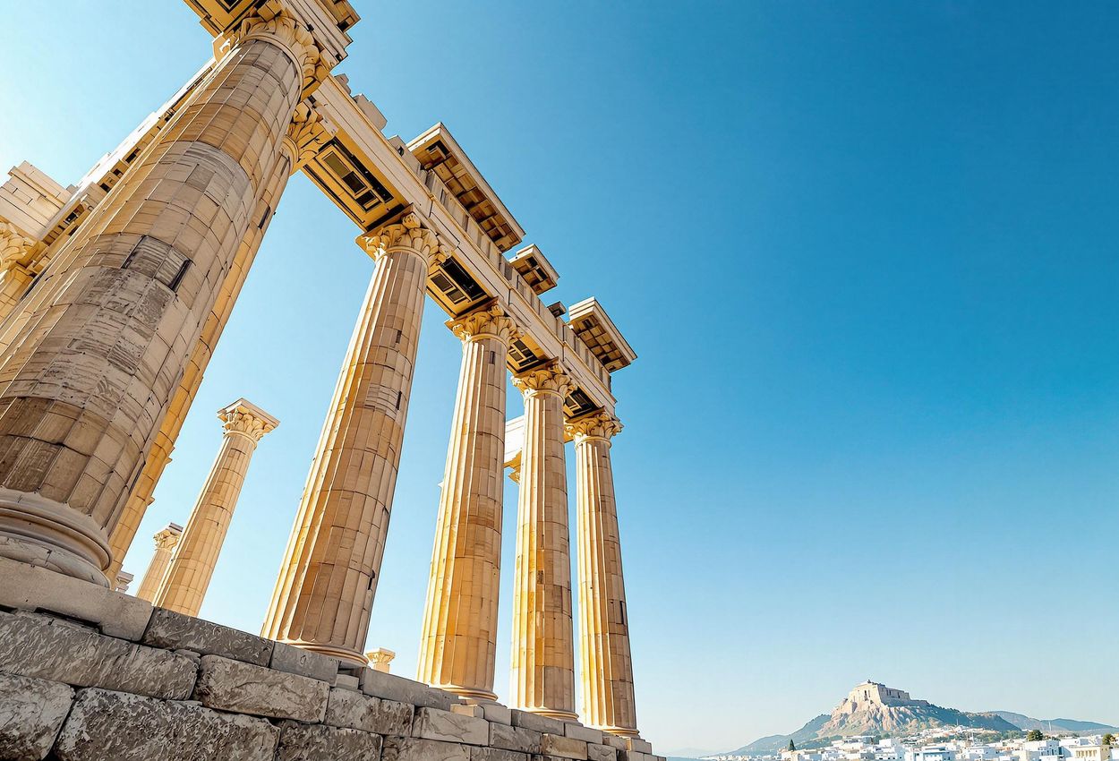 Temple of Olympian Zeus: A Timeless Architectural Marvel in Athens A low-angle view of the Temple of Olympian Zeus in Athens, showcasing its towering columns against a clear blue sky, with the Acropolis visible in the distance. The image captures the grandeur and historical significance of this ancient monument.