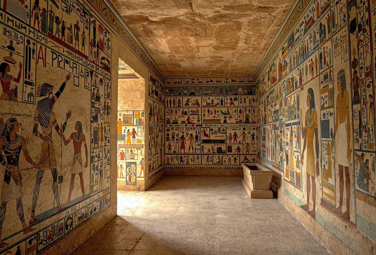 A detailed photograph captures the interior of a royal tomb in Egypt