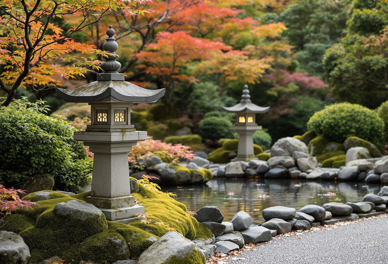A serene photograph capturing the beauty of a private Japanese garden at the Ritz-Carlton, Kyoto in the fall. The image showcases meticulously arranged plants, stone lanterns, and a tranquil pond.