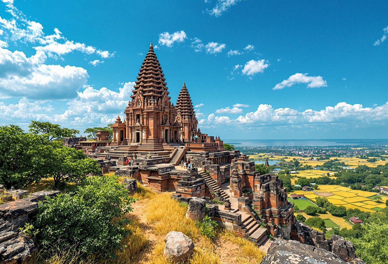 A scenic photograph captures the restored Phnom Krom Temple atop a hill, overlooking Tonle Sap Lake. The image showcases the temple