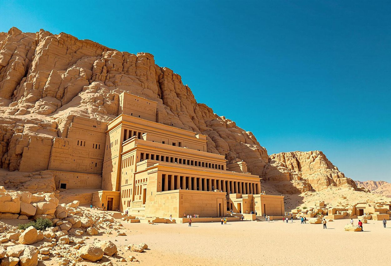 A stunning photograph capturing the grandeur and harmony of the Temple of Hatshepsut at Deir el-Bahri, showcasing its unique terraced design and integration with the surrounding cliffs.