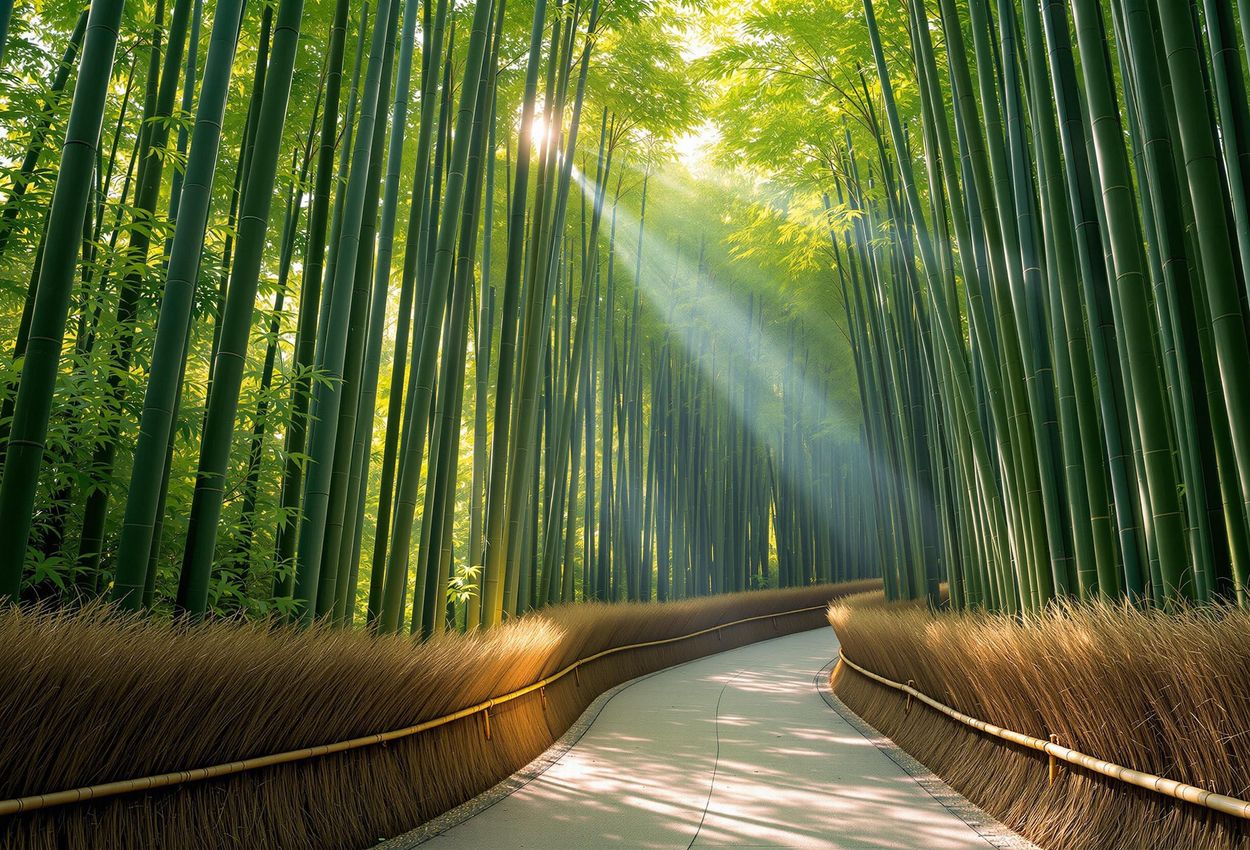 A photograph capturing the serene beauty of Arashiyama Bamboo Grove in Kyoto, Japan, with sunlight filtering through the towering bamboo stalks.