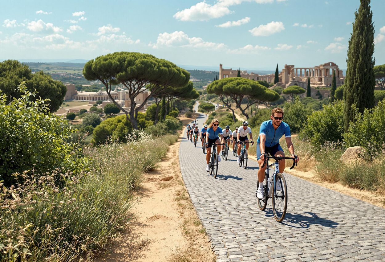 A photograph capturing cyclists riding along the historic Appian Way in Rome, showcasing the blend of adventure and ancient history.