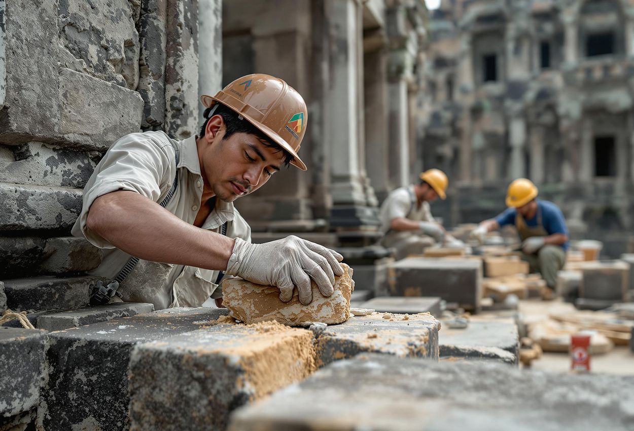 A detailed photograph of the ongoing restoration work at Angkor Wat