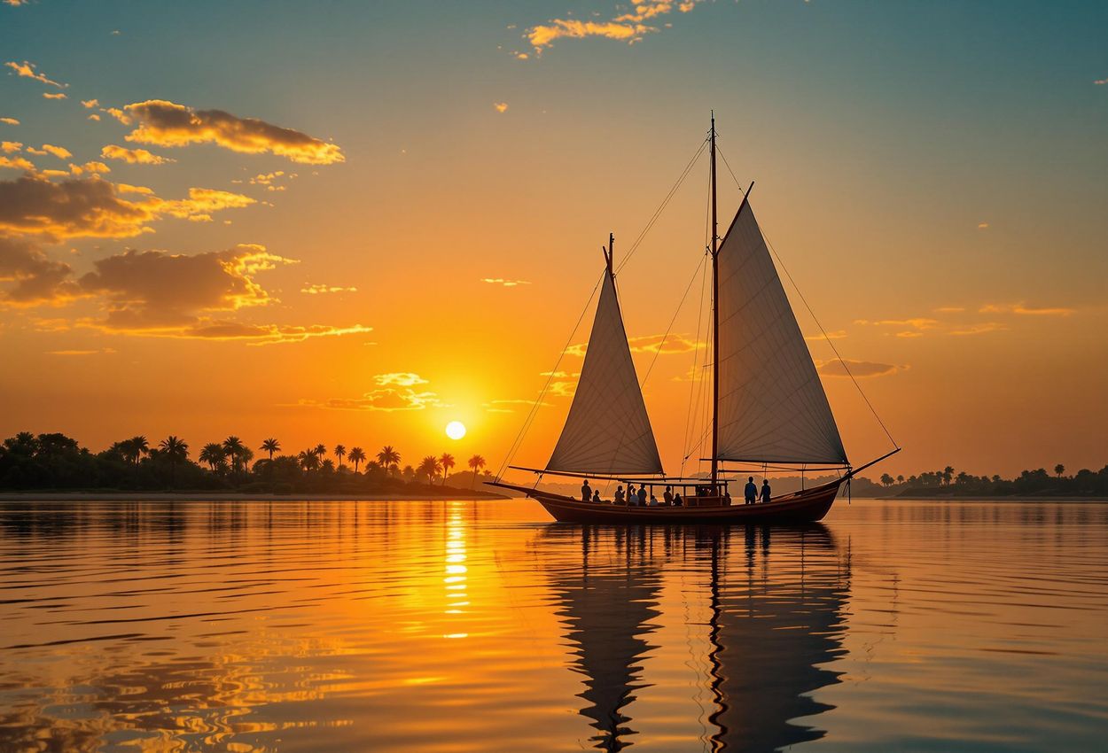 A stunning photograph captures a felucca sailing on the Nile River at sunset in Aswan, Egypt. The golden light and tranquil atmosphere create a magical scene.