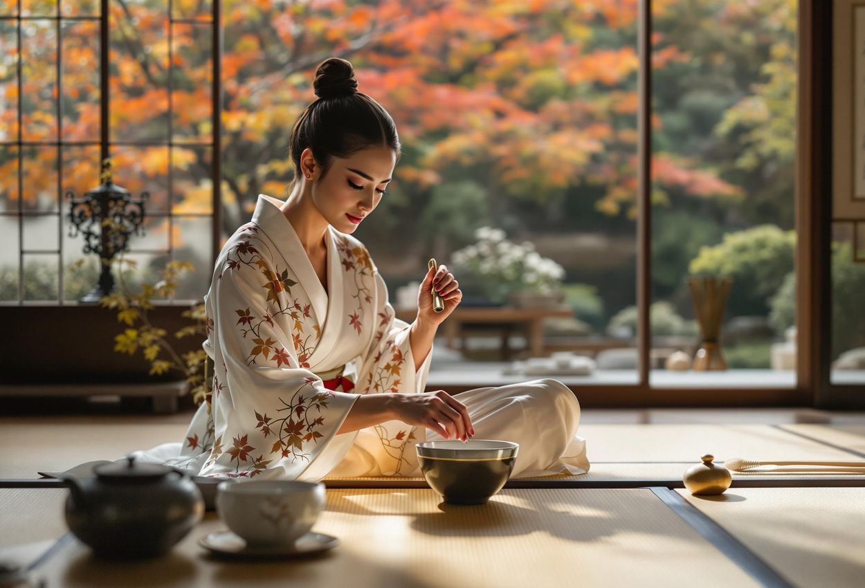 A photograph capturing the tranquil beauty of a traditional Japanese tea ceremony in Kyoto during the fall season. A tea master performs the ritual with grace and precision.