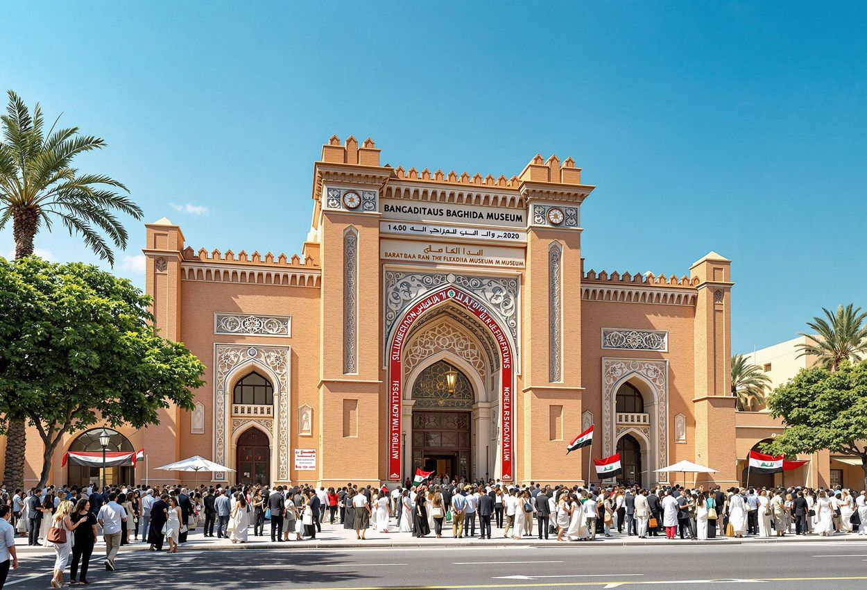A photograph capturing the historic reopening of the Baghdad Museum on August 1, 2025, showcasing the restored architecture, celebrating crowds, and vibrant atmosphere of national pride.