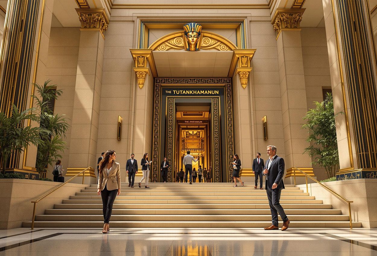 A photograph of the entrance to the Tutankhamun exhibition at the Grand Egyptian Museum in Cairo, featuring modern architecture with Egyptian-themed decorations and contemporary visitors.