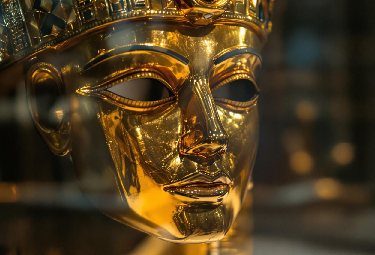 A stunning close-up photograph of the gold mask from Nimrud, showcasing the exquisite craftsmanship and historical significance of this ancient Assyrian artifact.