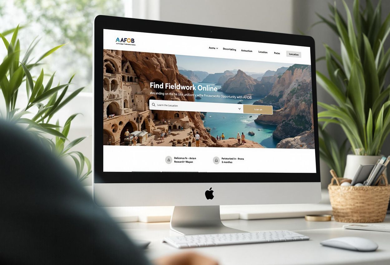 A screenshot of the Archaeological Fieldwork Opportunities Bulletin (AFOB) website, showcasing its search interface and listings of archaeological dig sites around the world.