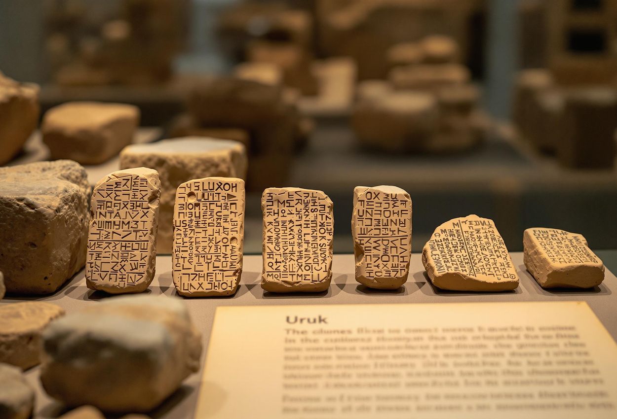 A photograph showcasing a collection of ancient cuneiform tablets from Uruk, arranged chronologically, highlighting the dawn of writing in Mesopotamian society.