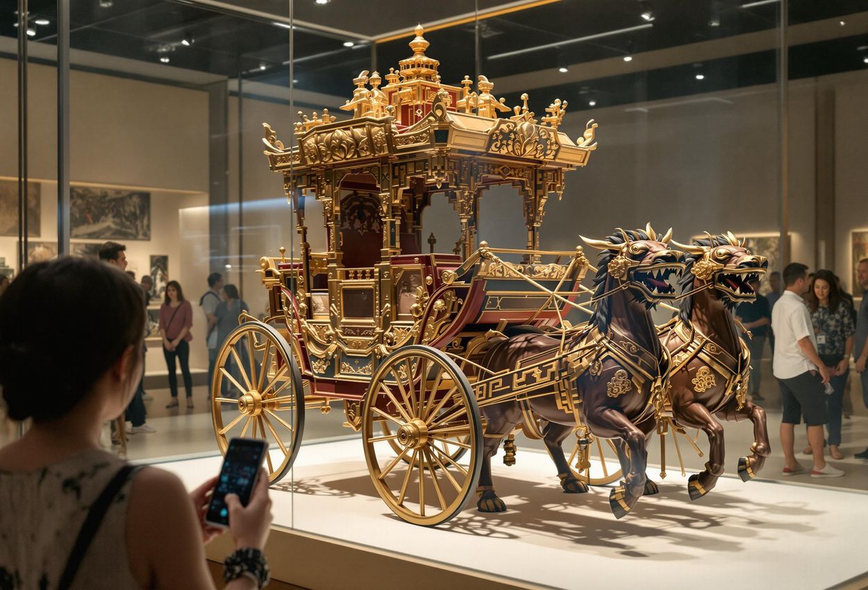 A medium shot captures a royal chariot at the Luoyang Museum, showcasing its intricate design and the awe of visitors. The scene offers a vivid glimpse into China