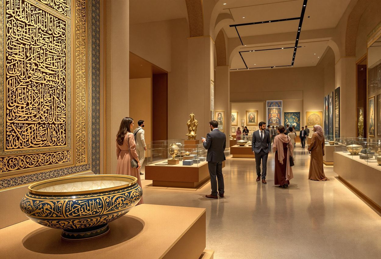 A photograph capturing a moment inside an Islamic art gallery, showcasing artifacts from the Abbasid period and visitors admiring the exhibits.
