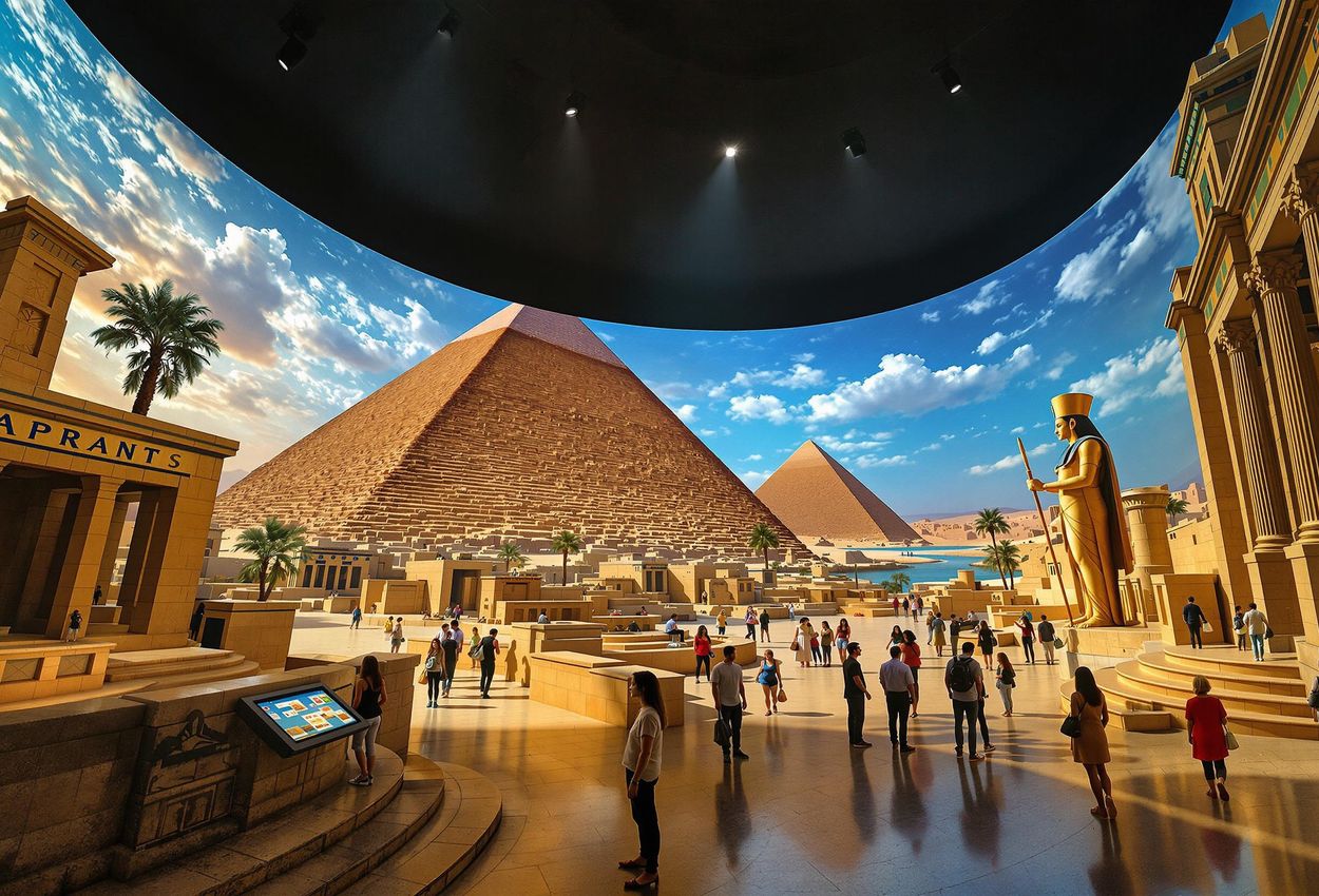 A wide-angle photograph captures a 360-degree immersive projection of ancient Egypt, showcasing pyramids, temples, and the Nile River, with visitors looking on in awe.