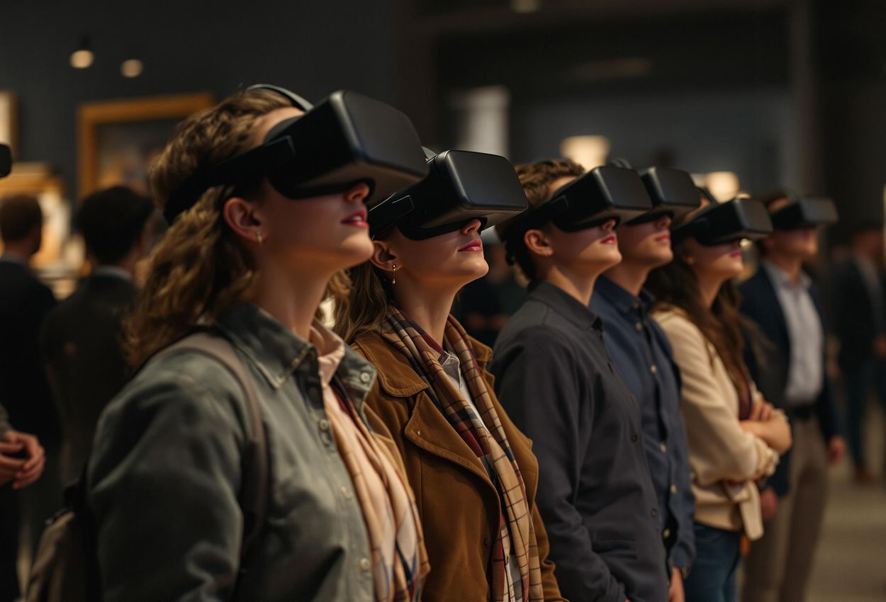 A photograph capturing museum visitors using virtual reality headsets to explore Tutankhamun