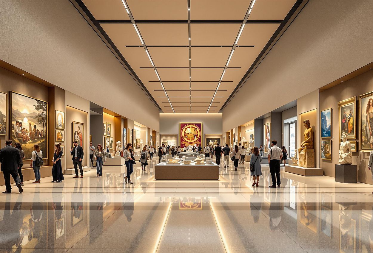 A wide shot of a modern exhibition hall, showcasing the layout, design, and flow of visitors exploring various exhibits.