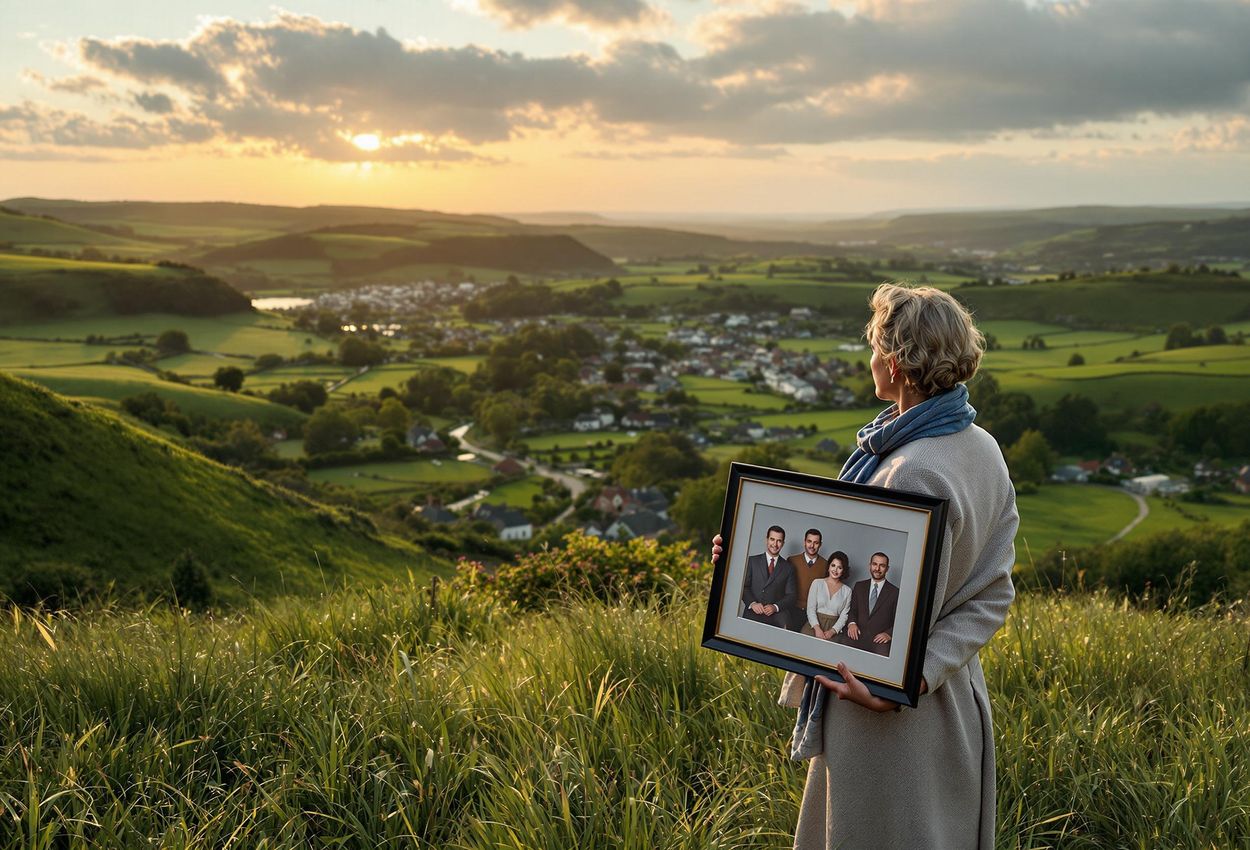 A medium shot of a person standing on a grassy cliff in Ireland at sunset, holding a framed photograph of their ancestors, overlooking a vast green valley with small villages.