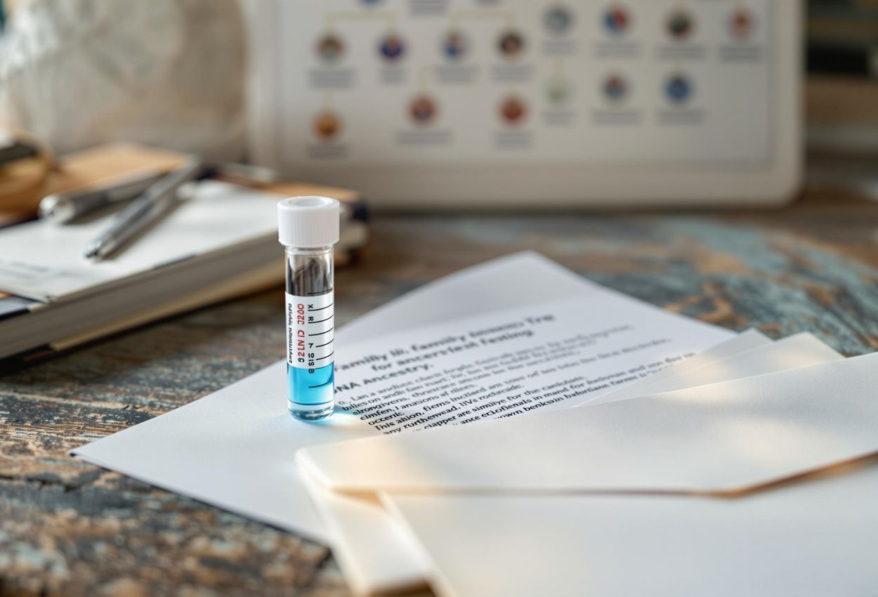 A close-up photograph of a DNA ancestry testing kit on a wooden table, featuring a test tube, instructions, and a return envelope, with a blurred family tree chart in the background.