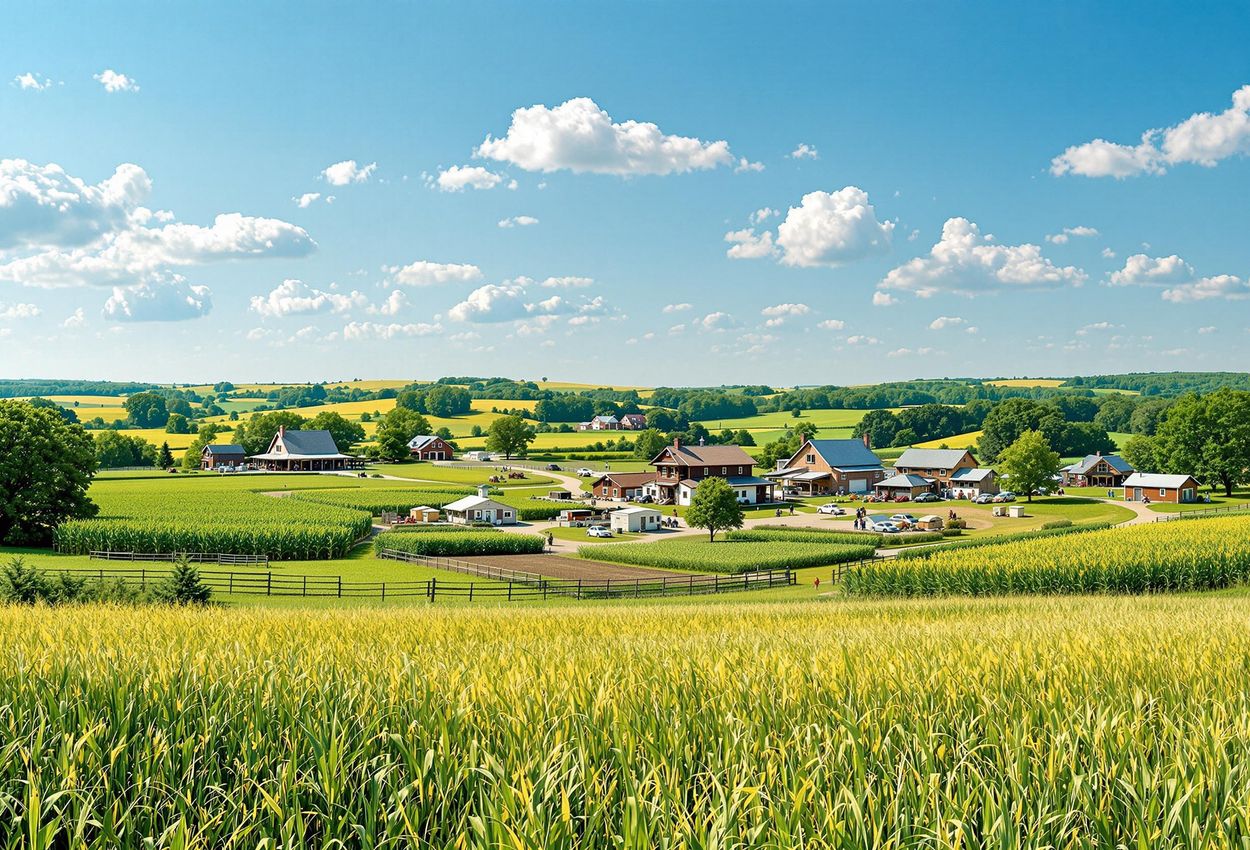 A panoramic photograph of Living History Farms in Iowa, showcasing rural life across three historical eras: the 1700 Ioway Indian Farm, the 1850 Pioneer Farm, and the 1900 Horse-Powered Farm.
