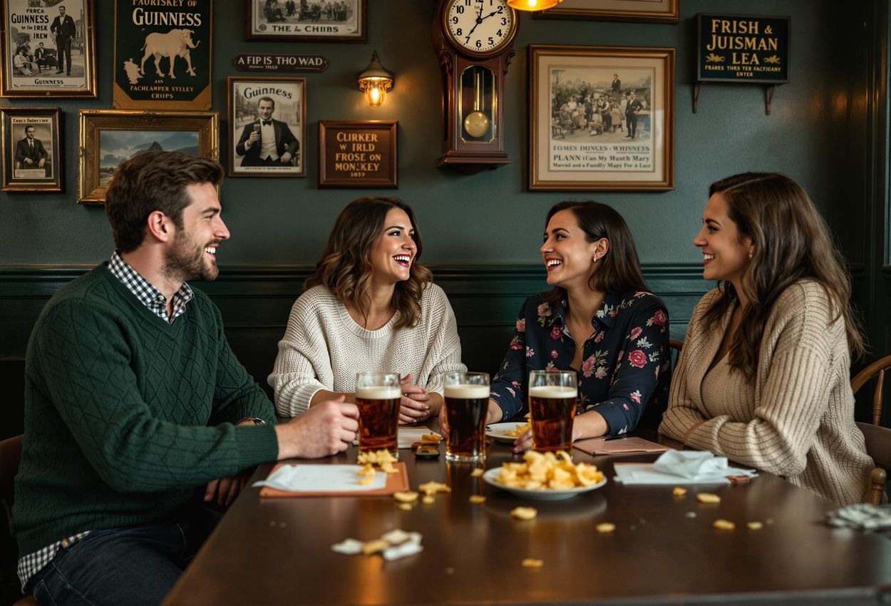 A captivating photograph capturing a group of friends laughing and sharing stories in a warm and inviting traditional Irish pub in Galway, Ireland.