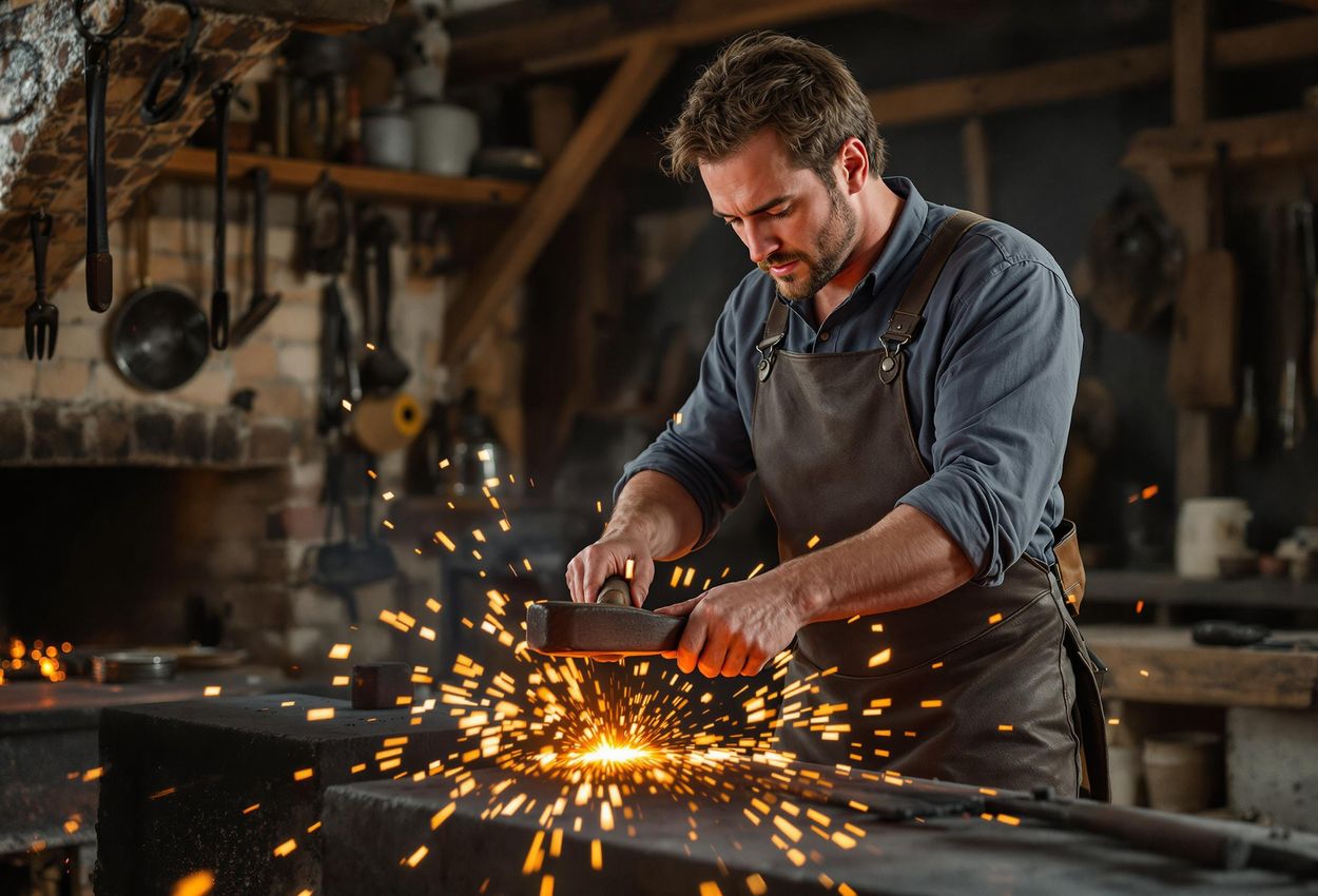 A detailed photograph of a blacksmith in Old Sturbridge Village, Massachusetts, demonstrating traditional ironworking techniques in a historically accurate 1830s setting.