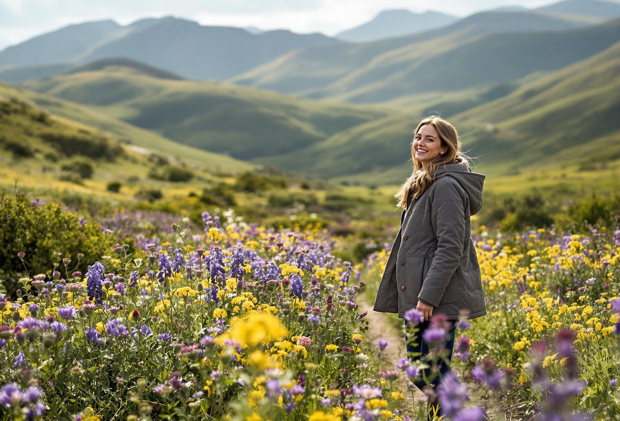 A photograph of a woman enjoying a peaceful walk through a vibrant wildflower field in the Scottish Highlands, with rolling hills and mountains in the background.