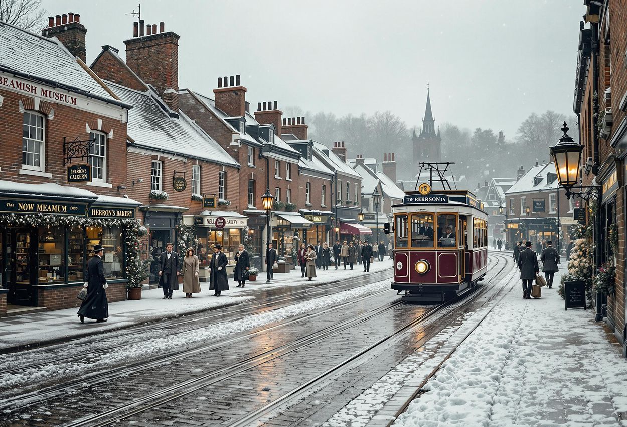 A photograph capturing the serene beauty of Beamish Museum in winter, showcasing a 1900s town with Edwardian architecture, a vintage tram, and people in period attire under a soft, overcast sky.