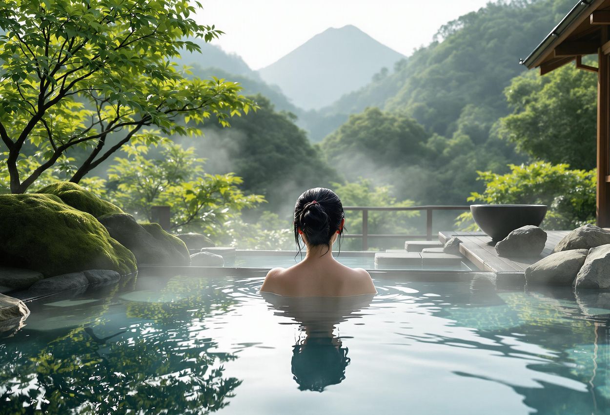Luxury Ryokan Onsen Experience in Hakone, Japan A serene photograph capturing a woman enjoying a private onsen at a luxury Ryokan in Hakone, Japan, surrounded by lush greenery and traditional architecture.