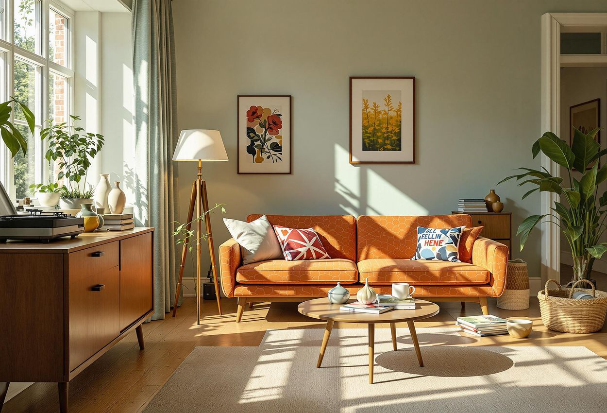 A photograph capturing a recreated 1970s apartment in Den Gamle By, Aarhus, featuring vintage Danish furniture and everyday objects.